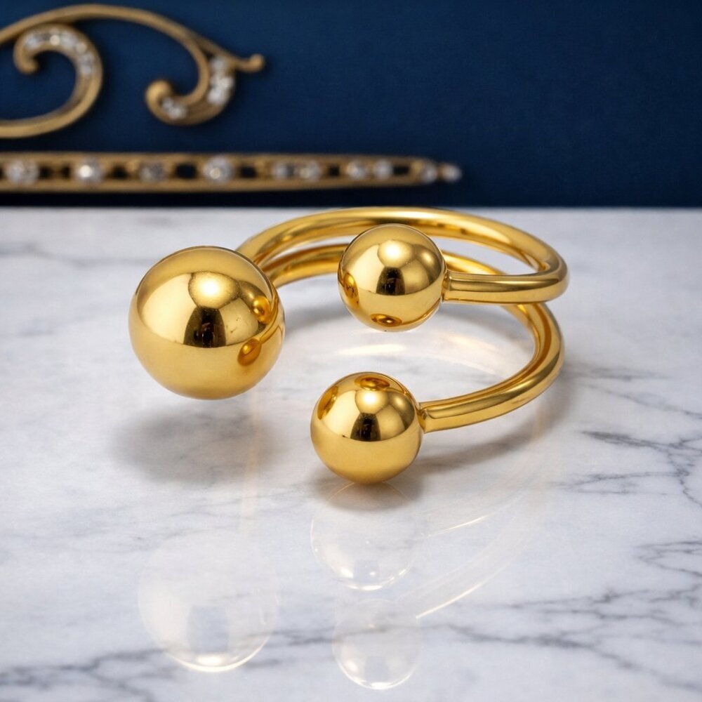 18K Gold Plated Stainless Steel Ring Size 6 Triple Ball Open Statement Jewelry